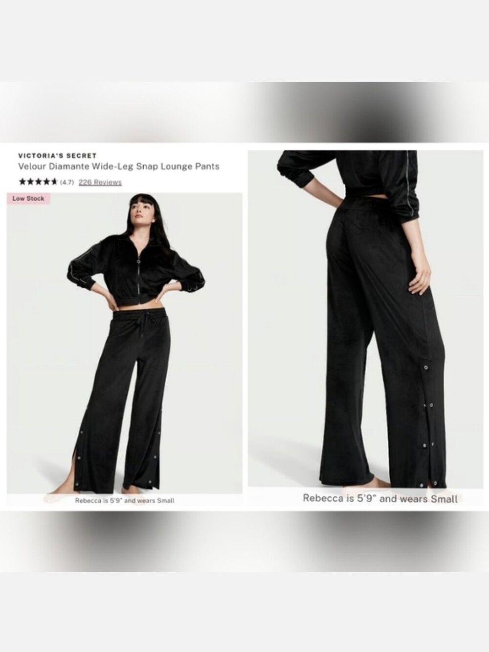 Victoria's secret velour diamante wide-leg snap lounge pants BLACK MEDIUM